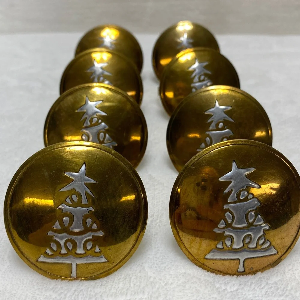 Set of 8 VTG Christmas Tree Napkin Rings Holders Brass Silver Tone Holiday Decor